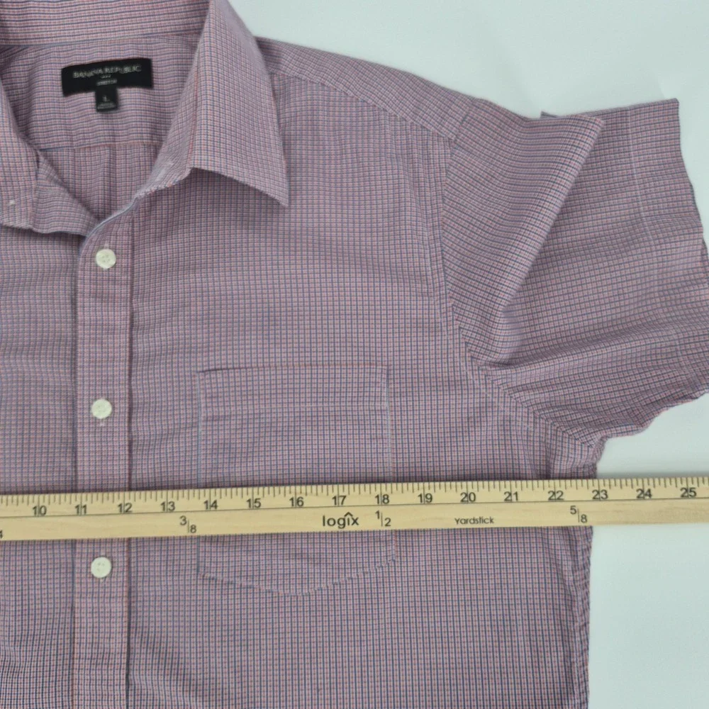 Banana Republic Men's Red Blue Gingham Check Short Sleeve Button Up Shirt‎ Sz L